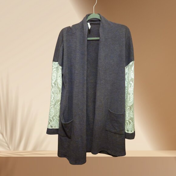 Belamie Charcoal Open Front Cardigan with Lace Sleeves | Size L - Picture 1 of 5
